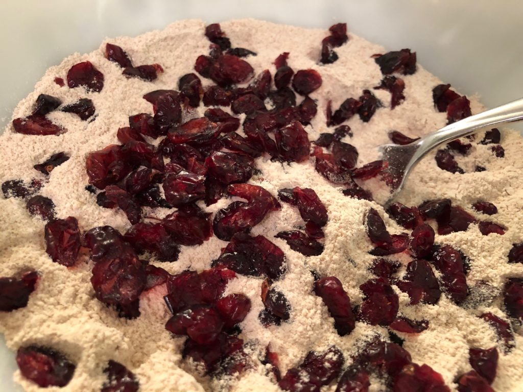Cranberries have been added to the dry mixture.